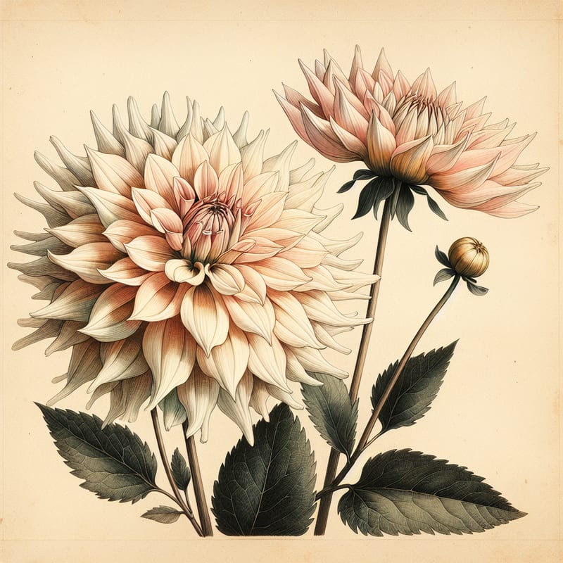 Botanical plate illustration of Waltzing Mathilda dahlia, Light Blend Stellar