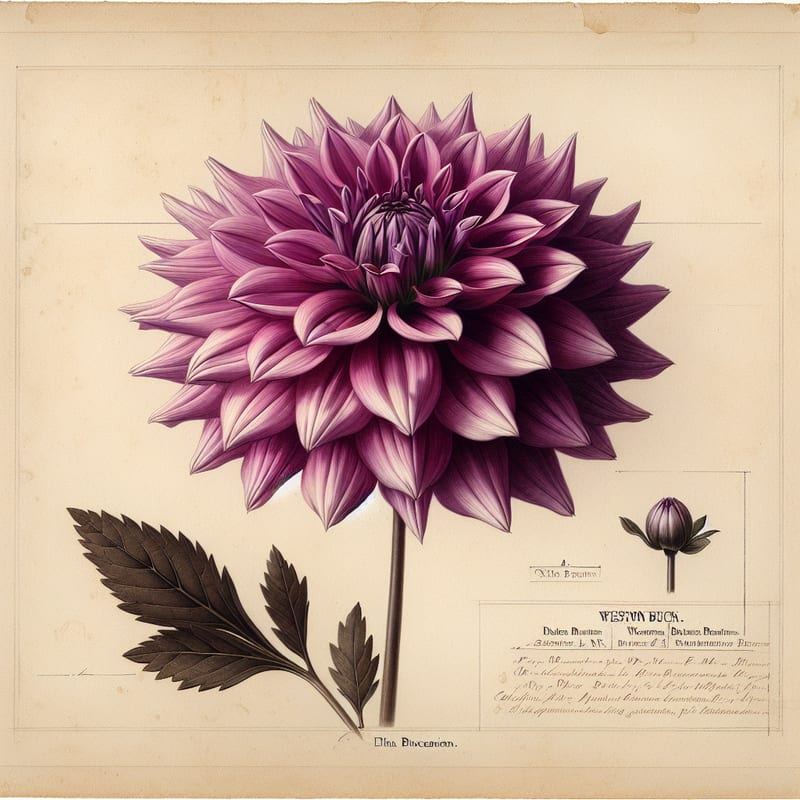 Botanical plate illustration of Weston Buccaneer dahlia, Purple Straight Cactus