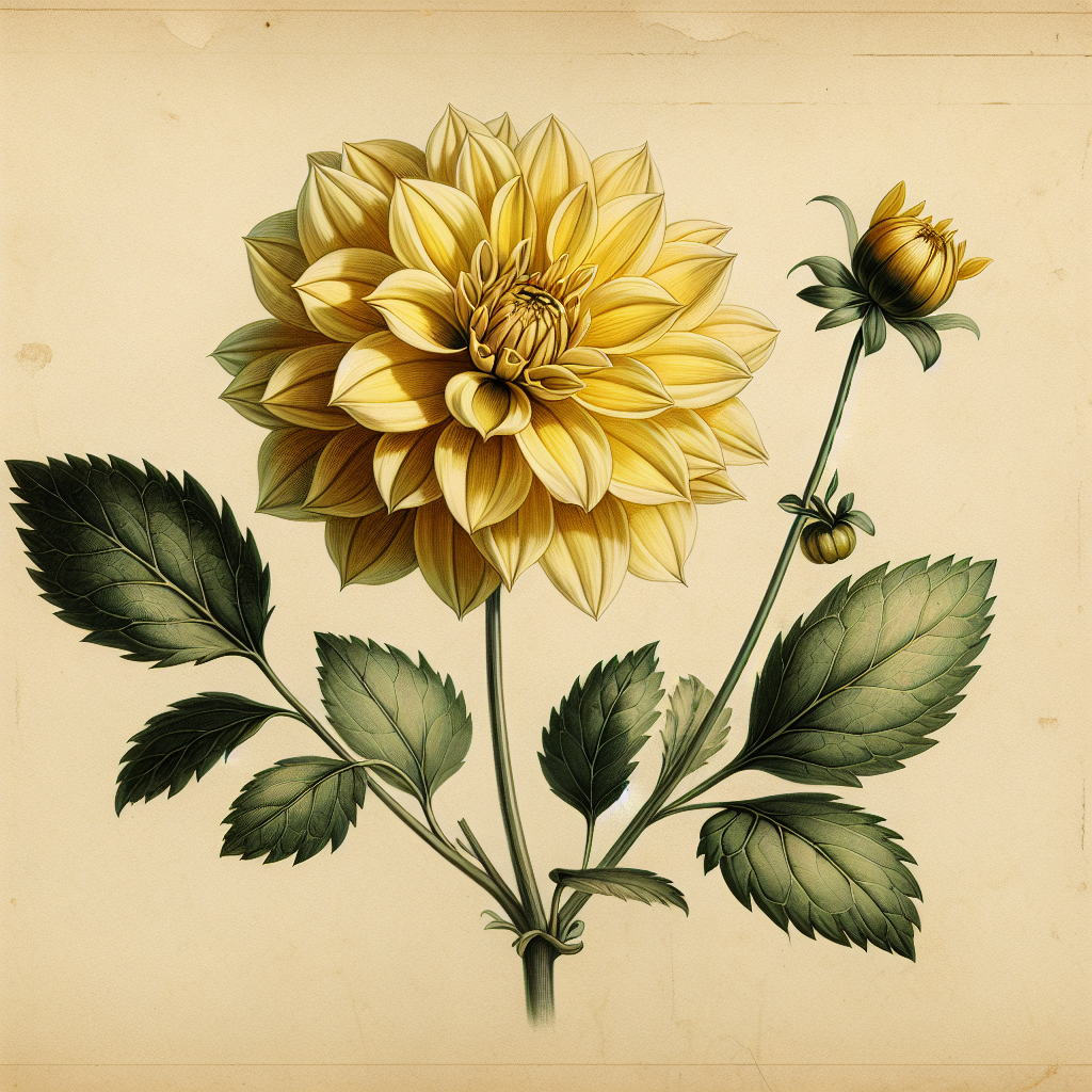 Botanical plate illustration of Weston Miss dahlia, Yellow Semi-Cactus