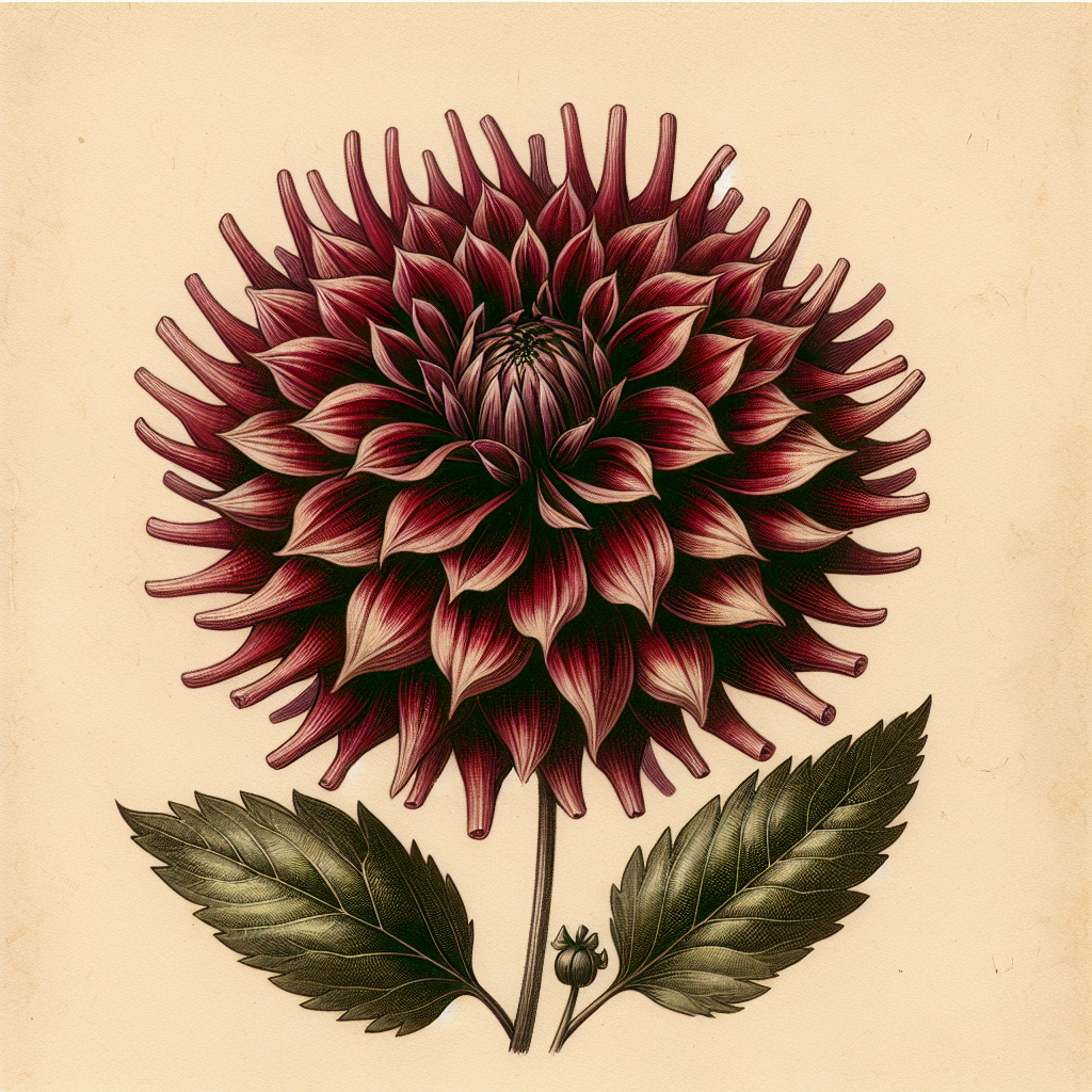 Botanical plate illustration of Weston Pirate dahlia, Dark Red Straight Cactus