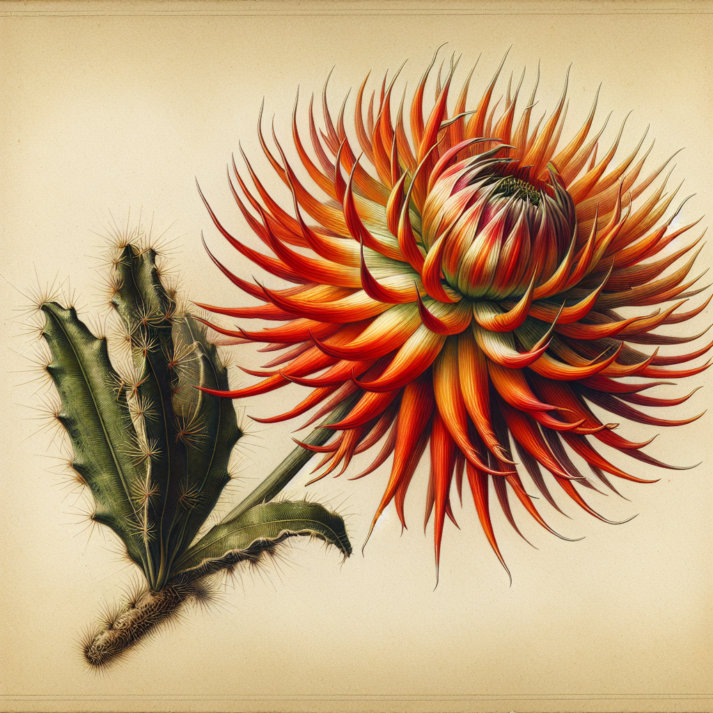 Botanical plate illustration of Weston Spanish Dancer dahlia, Flame Blend Straight Cactus