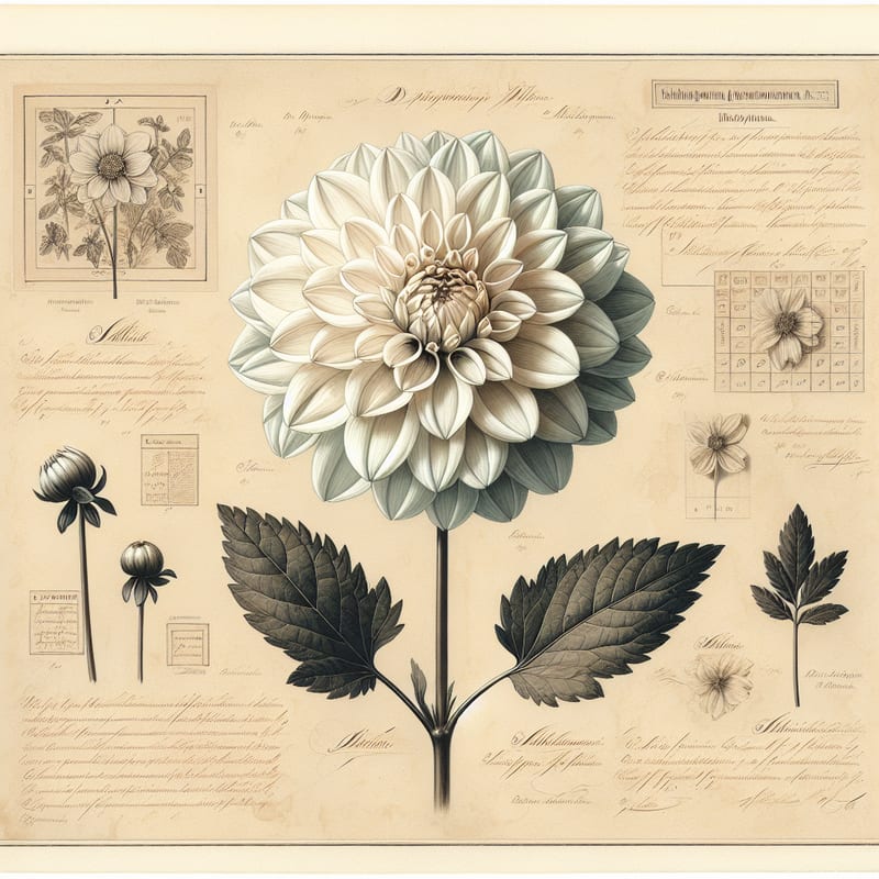 Botanical plate illustration of White Aster dahlia, White Formal Decorative