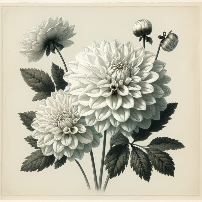 Botanical plate illustration of White Fawn dahlia, White Formal Decorative
