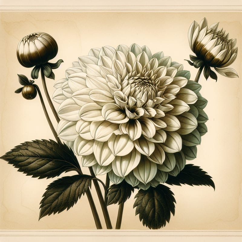 Botanical plate illustration of White Onesta dahlia, White Informal Decorative