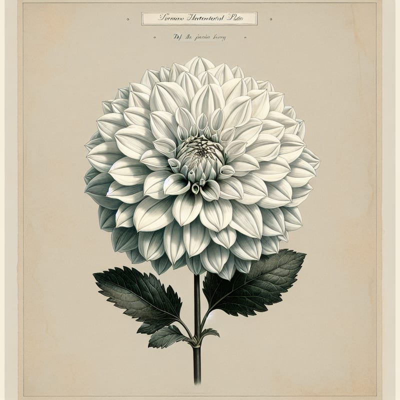 Botanical plate illustration of White Perfection dahlia, White Formal Decorative
