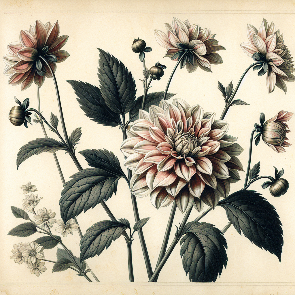 Botanical plate illustration of White Star dahlia, White Semi-Cactus