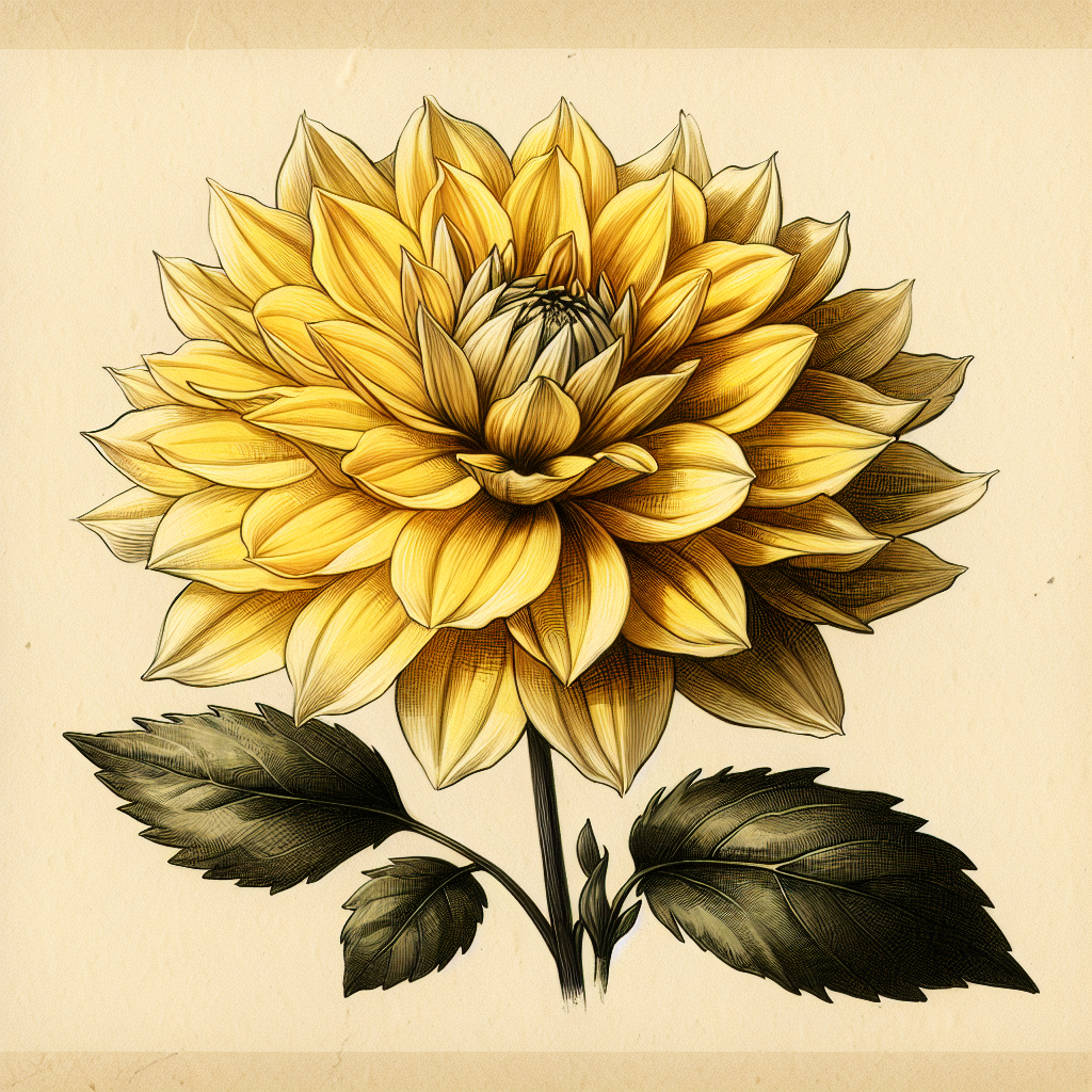 Botanical plate illustration of Windhaven Highlight dahlia, Yellow Incurved Cactus