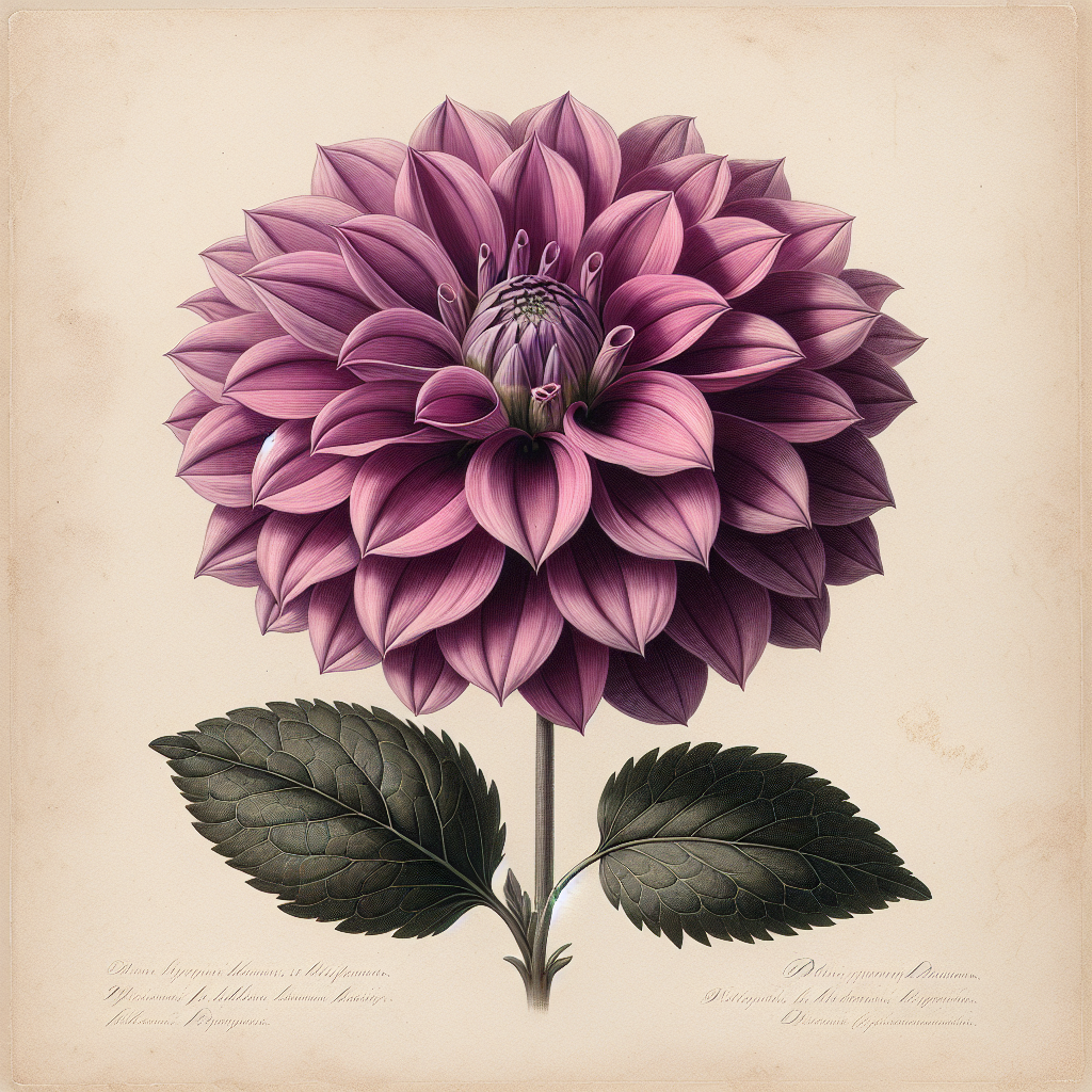 Botanical plate illustration of Wine Eyed Jill dahlia, Light Blend Formal Decorative
