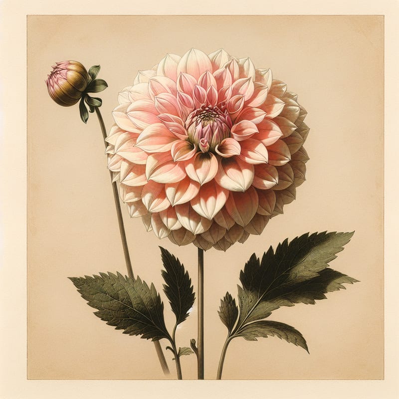 Botanical plate illustration of Wizard of Oz dahlia, Light Blend Ball