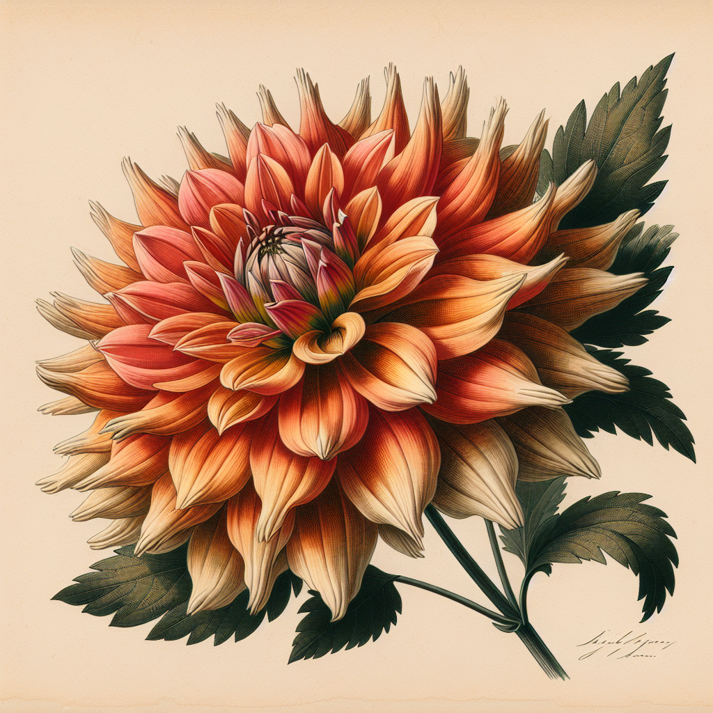 Botanical plate illustration of Woodland's Wildthing dahlia, Orange Semi-Cactus