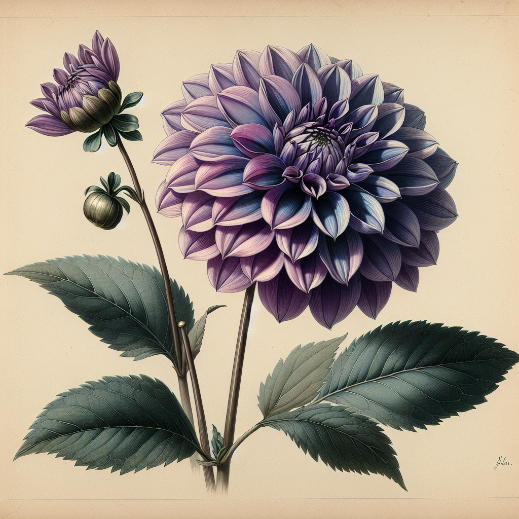 Botanical plate illustration of Worton Blue Streak dahlia, Lavender Semi-Cactus