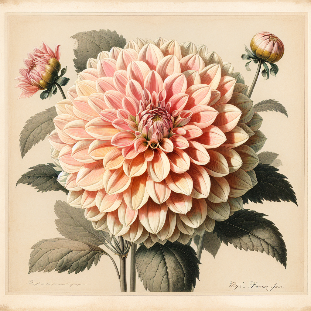 Botanical plate illustration of Wyn's Farmer John dahlia, Light Blend Informal Decorative