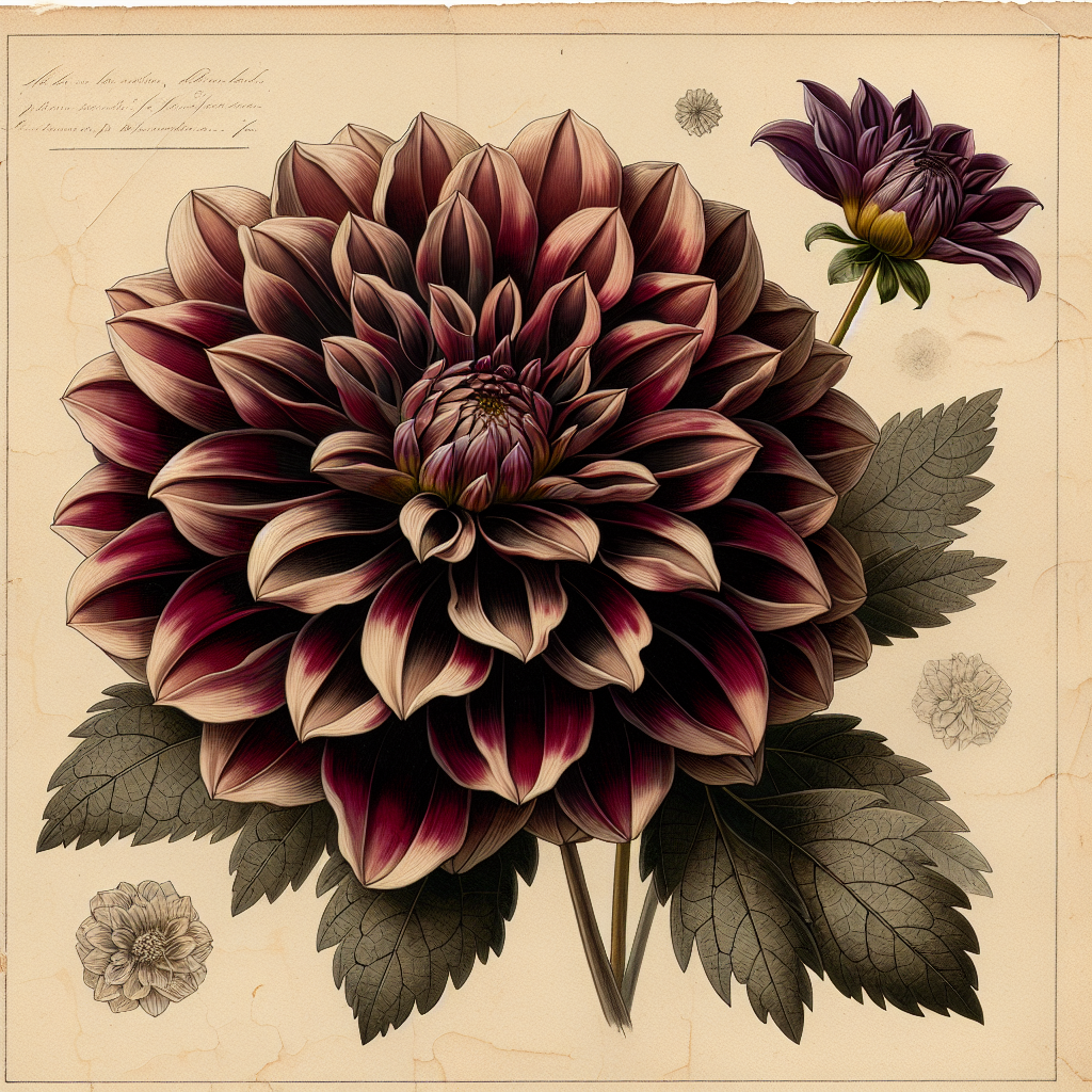 Botanical plate illustration of Wyn's Moonlight Sonata dahlia, Dark Blend Informal Decorative