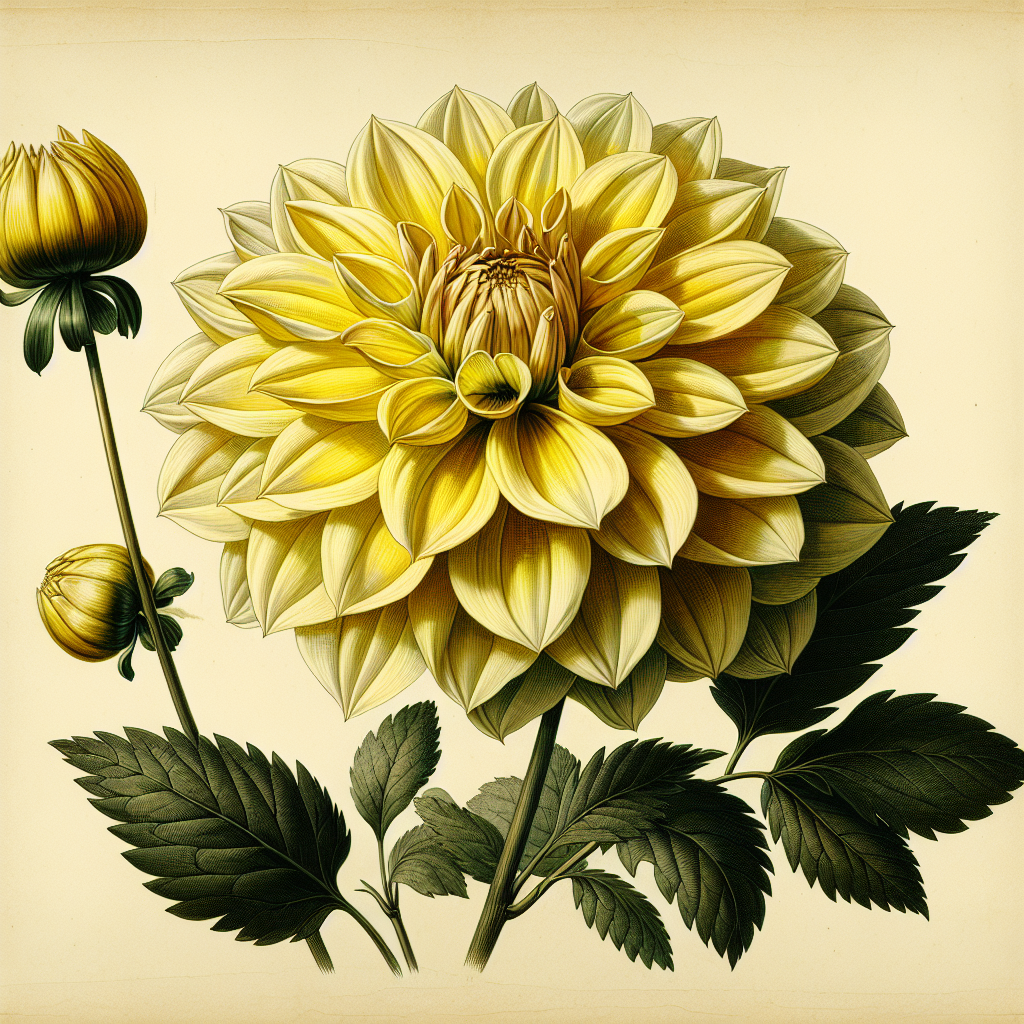 Botanical plate illustration of Wyn's Neon Dream dahlia, Yellow Semi-Cactus