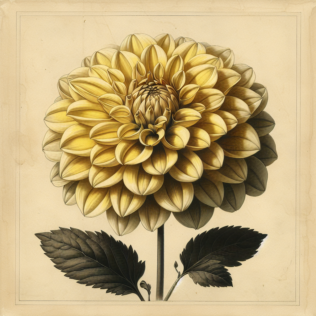 Botanical plate illustration of Yellow Bird dahlia, Yellow Formal Decorative