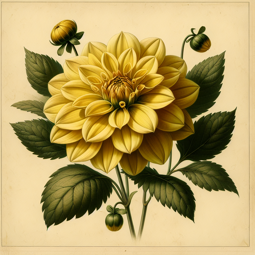 Botanical plate illustration of Yellow Gem dahlia, Yellow Formal Decorative