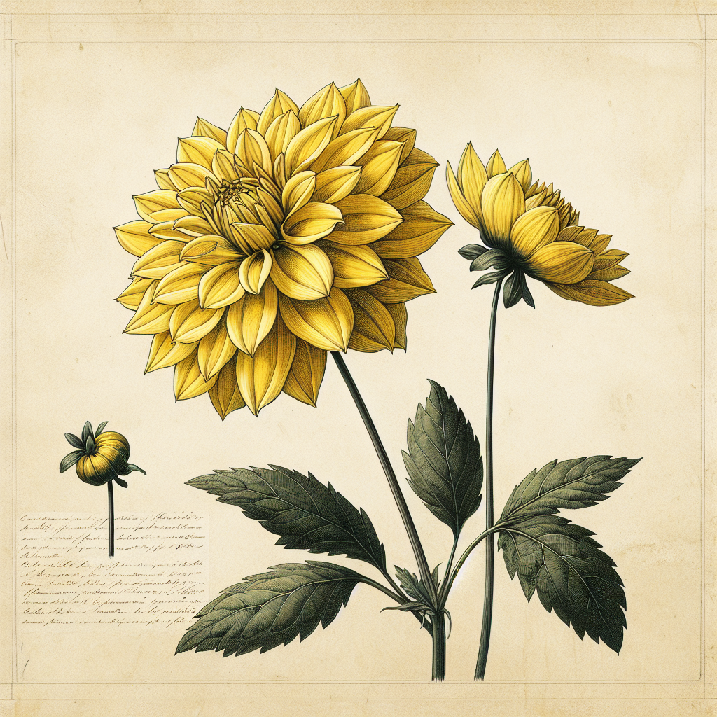 Botanical plate illustration of Yellow Hammer dahlia, Yellow 