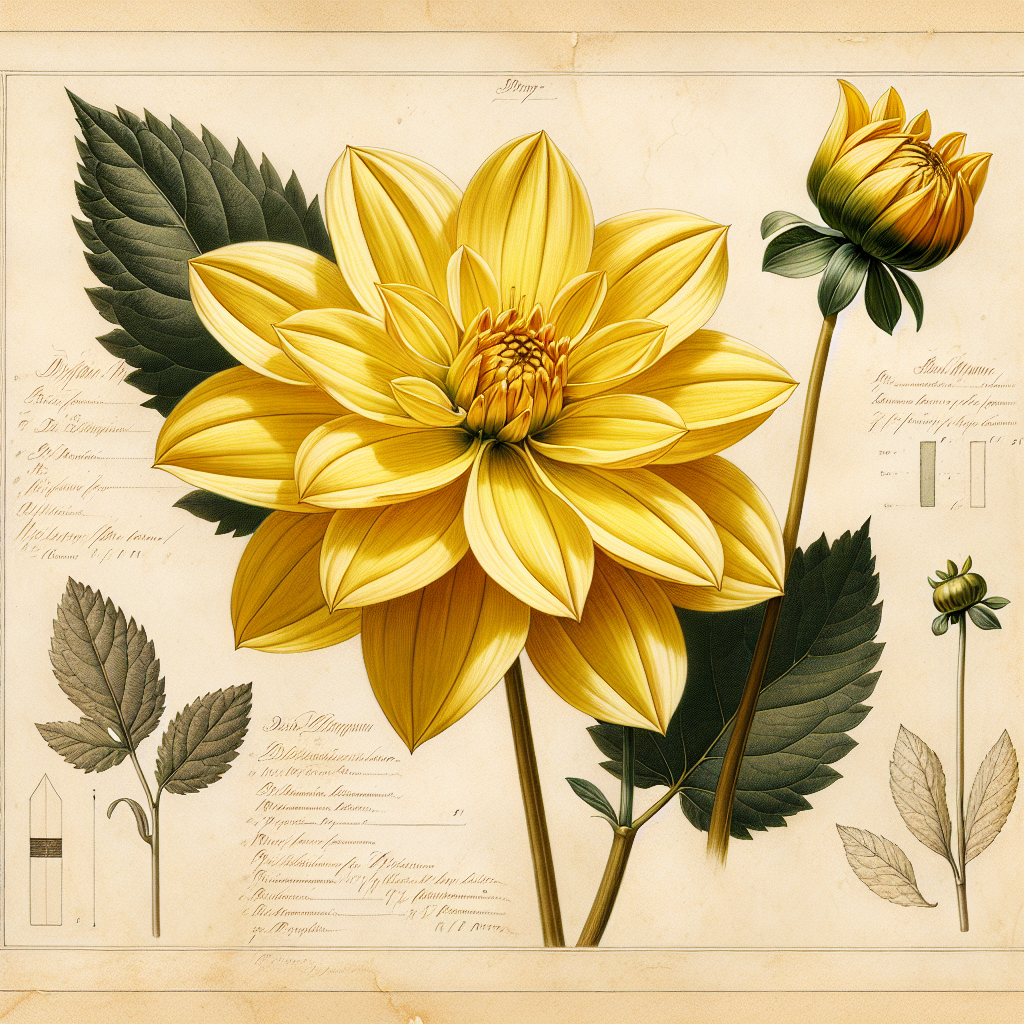 Botanical plate illustration of Yellow Star dahlia, Yellow Semi-Cactus
