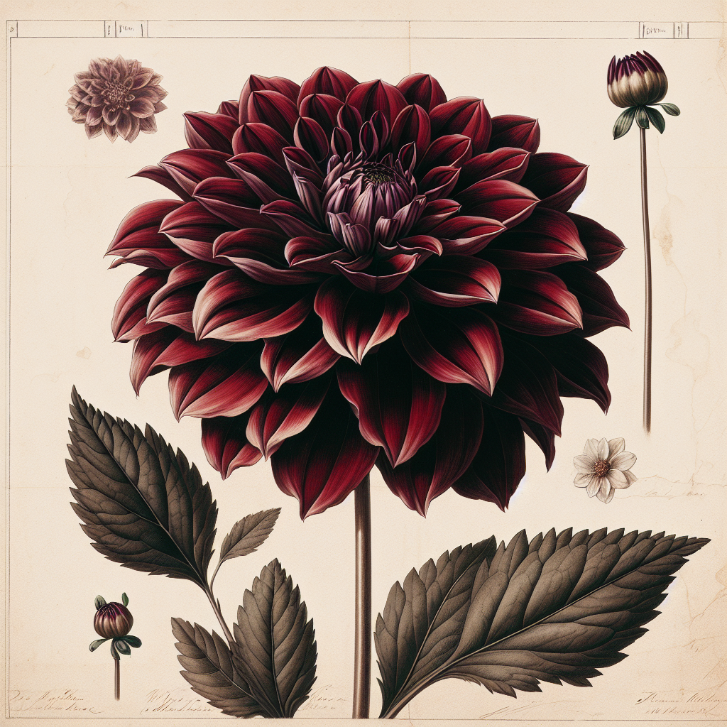 Botanical plate illustration of Zorro dahlia, Dark Red Informal Decorative